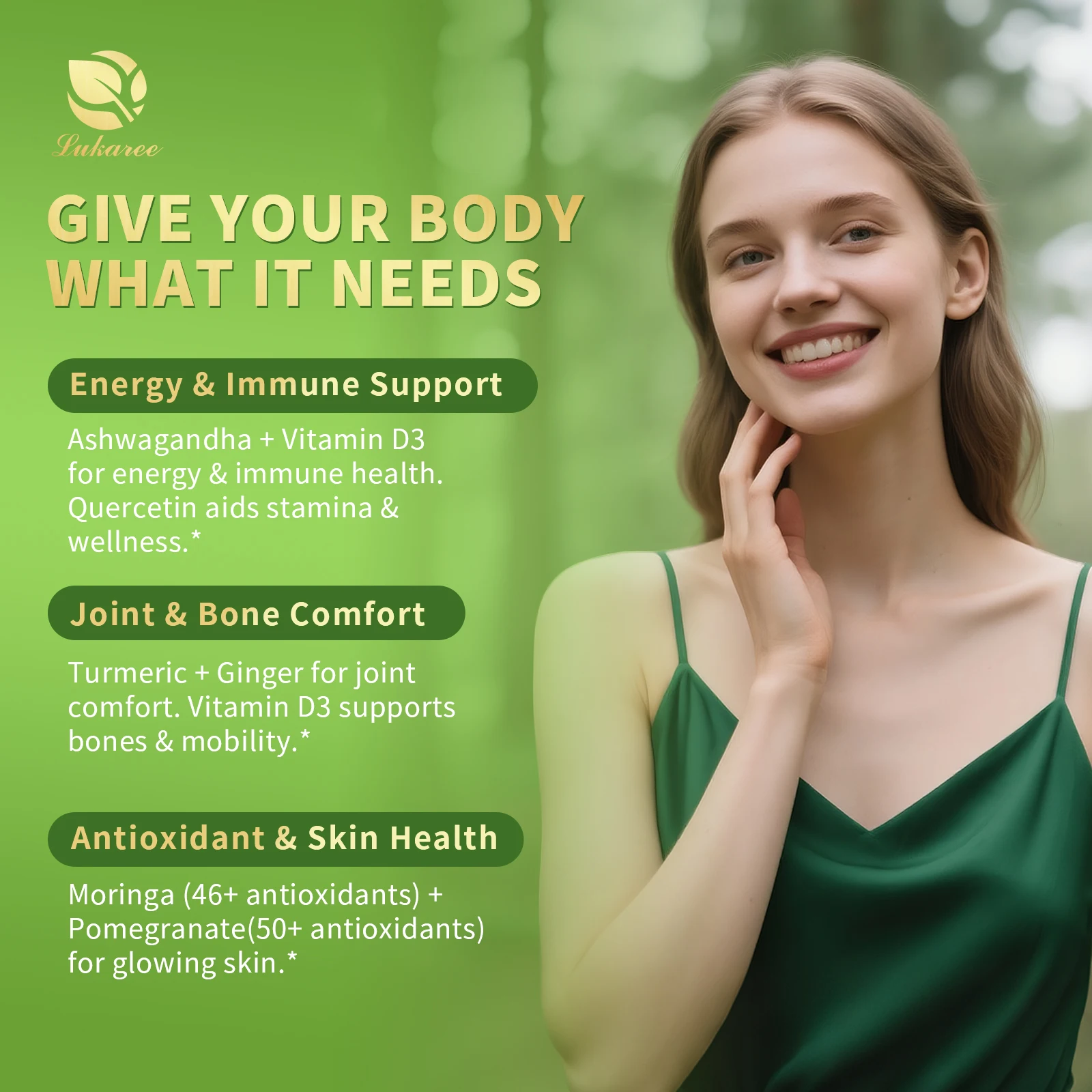 قطرة المورينغا العضوية من لوكاري مع كركم أشواغاندا 98% امتصاص للطاقة المناعية المشتركة التمثيل الغذائي للهضمي، نباتي غير وراثيًا