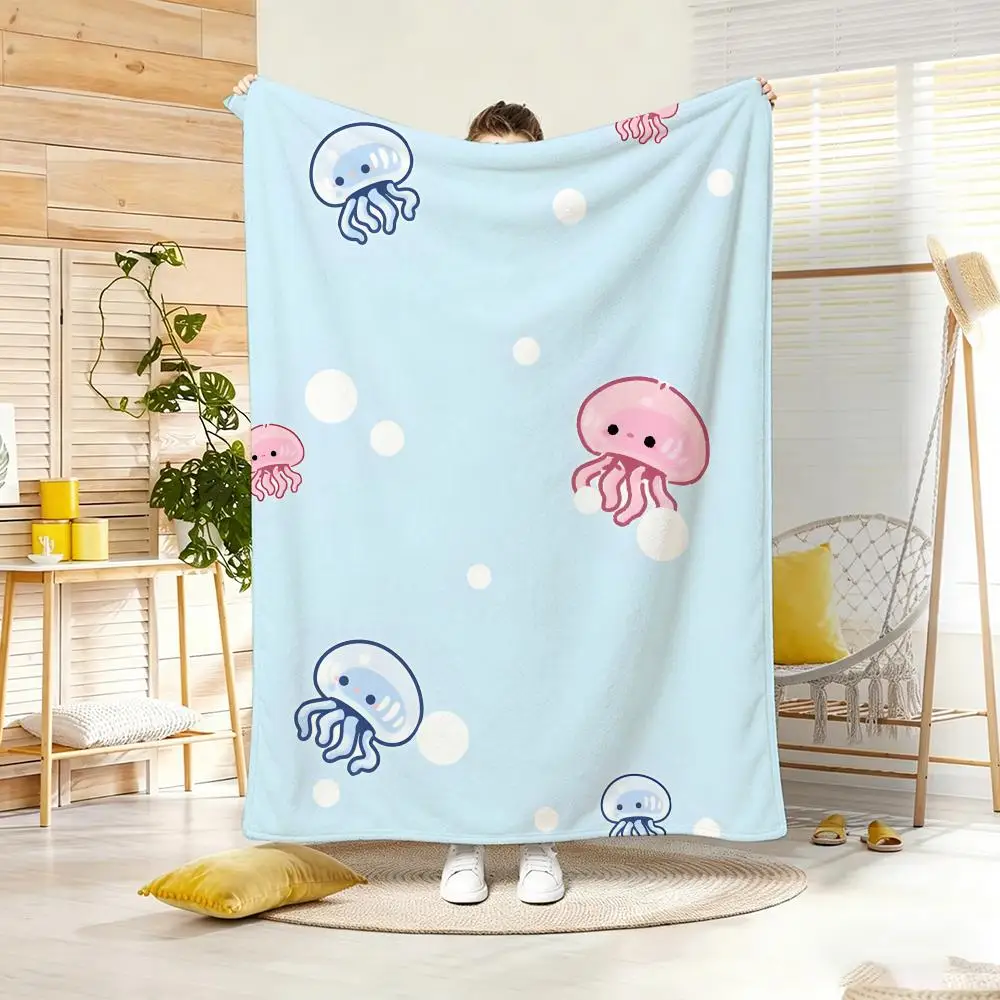 Cute Jellyfish Ocean Print Polyester Flannel Throw Blanket for Home Decor Sofa Couch Accent Kids Nursery Room Cozy Baby Shower G