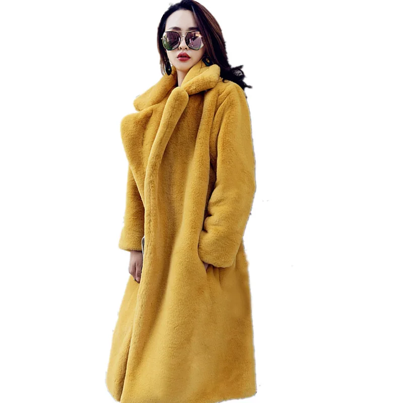 Long Women Winter Fluffy Warm Oversize Faux Fur Coat Female Lapel Collar Thickened Stylish Eco Fur Outwear Furry Fur Coat Ladies