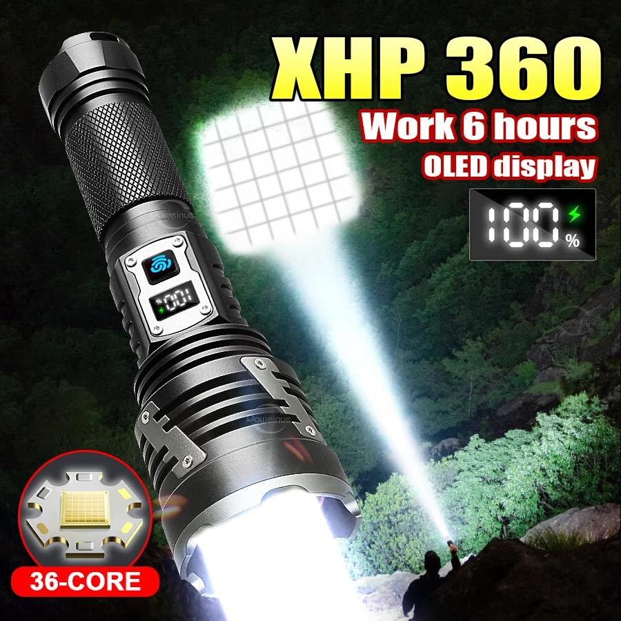 

Супермощный светодиодный фонарь 2026 XHP360 с 36 ядрами, перезаряжаемый ручной фонарь, мощный светодиодный фонарь с USB, уличный фонарь