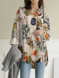 Amazon's Independent Website AliExpress EBAY Long Sleeved Loose Oversized Cotton and Linen Printed Top Loose and Trendy