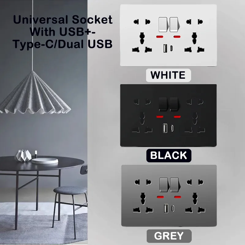 

Universal Power Socket 13A Dual USB Plug Type-C Wall Outlet 2 Gang Power Outlet With LED Flush Mount 5pin Wall electrical socket