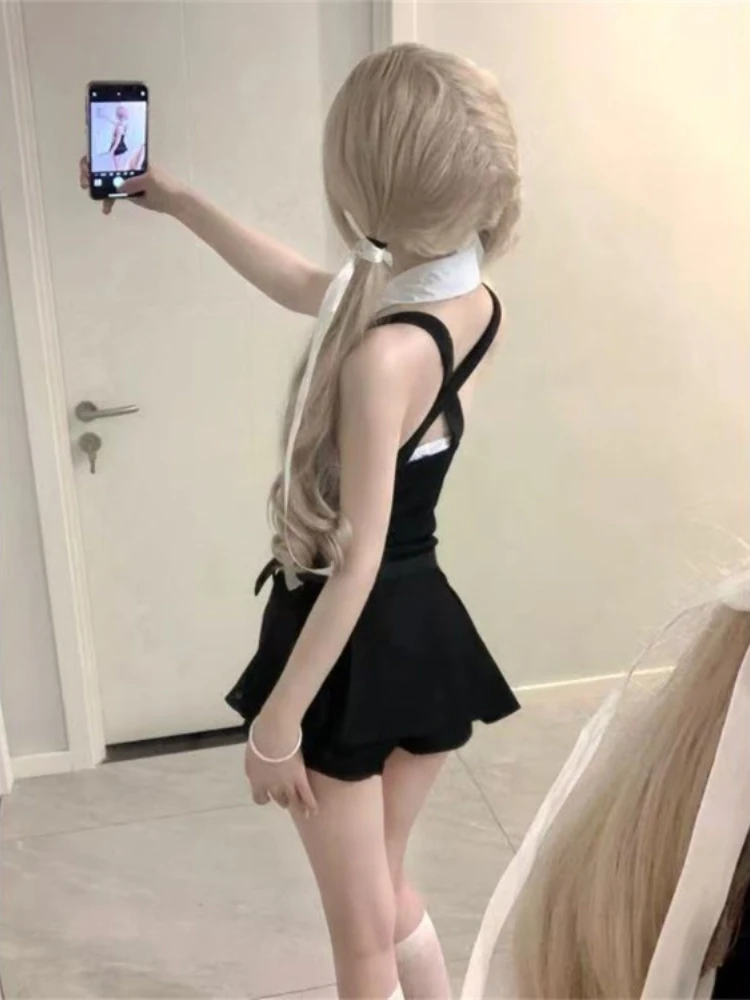 

Sweet Simple Lapel Neck Sleeveless Shirt Women+ Summer Slim Waist Ruched A-line Strap Dress 2025 New Two Piece Sets