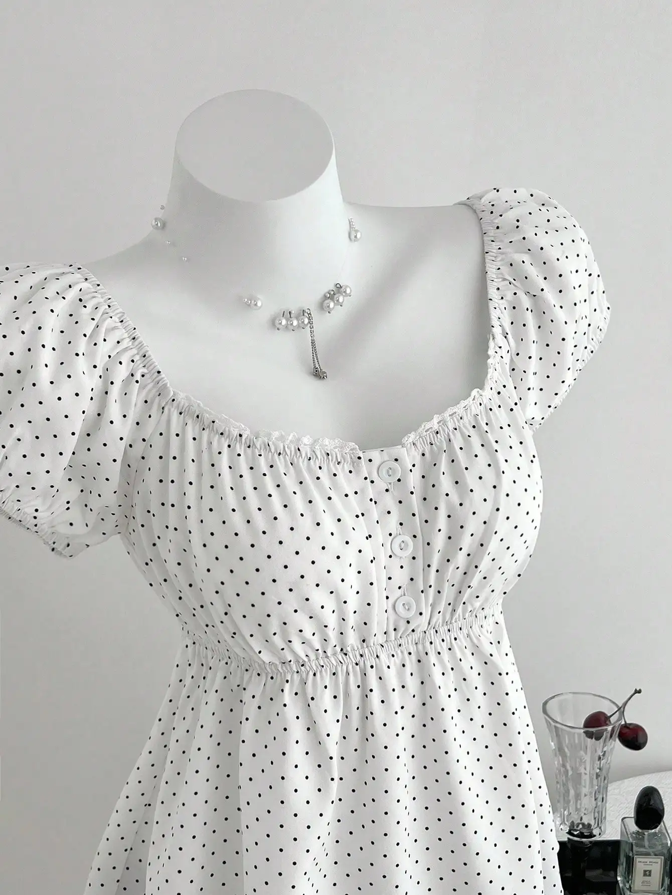 

Women's Polka Dot Square Neck Blouse with Puff Sleeves and Button Front