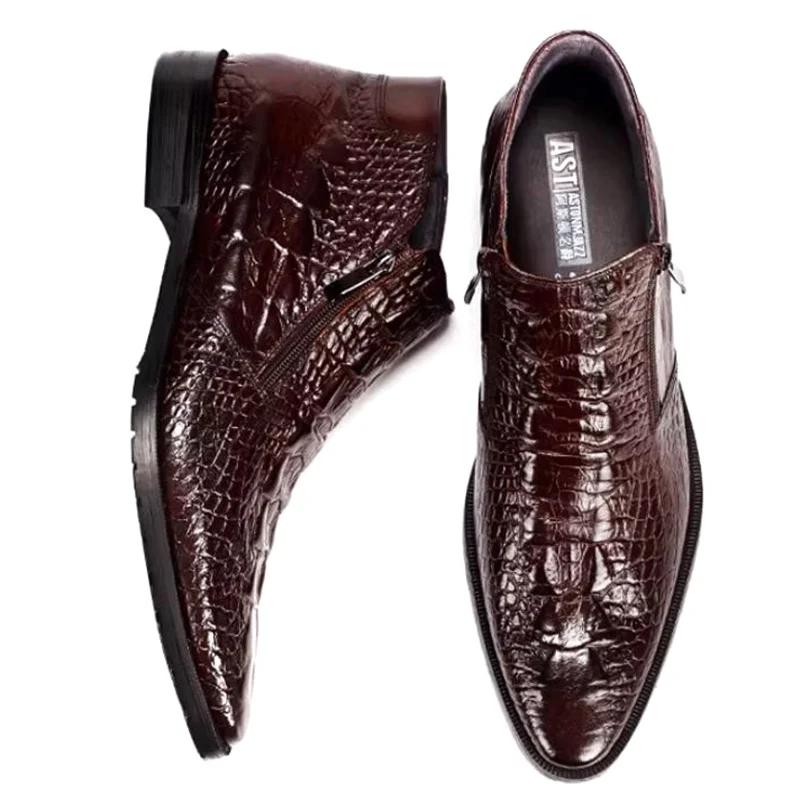 Spring And Autumn Men's Pointed-toe Chelsea Boots Crocodile-pattern Leather Boots Zipper Warm High-top Men Dress Shoes