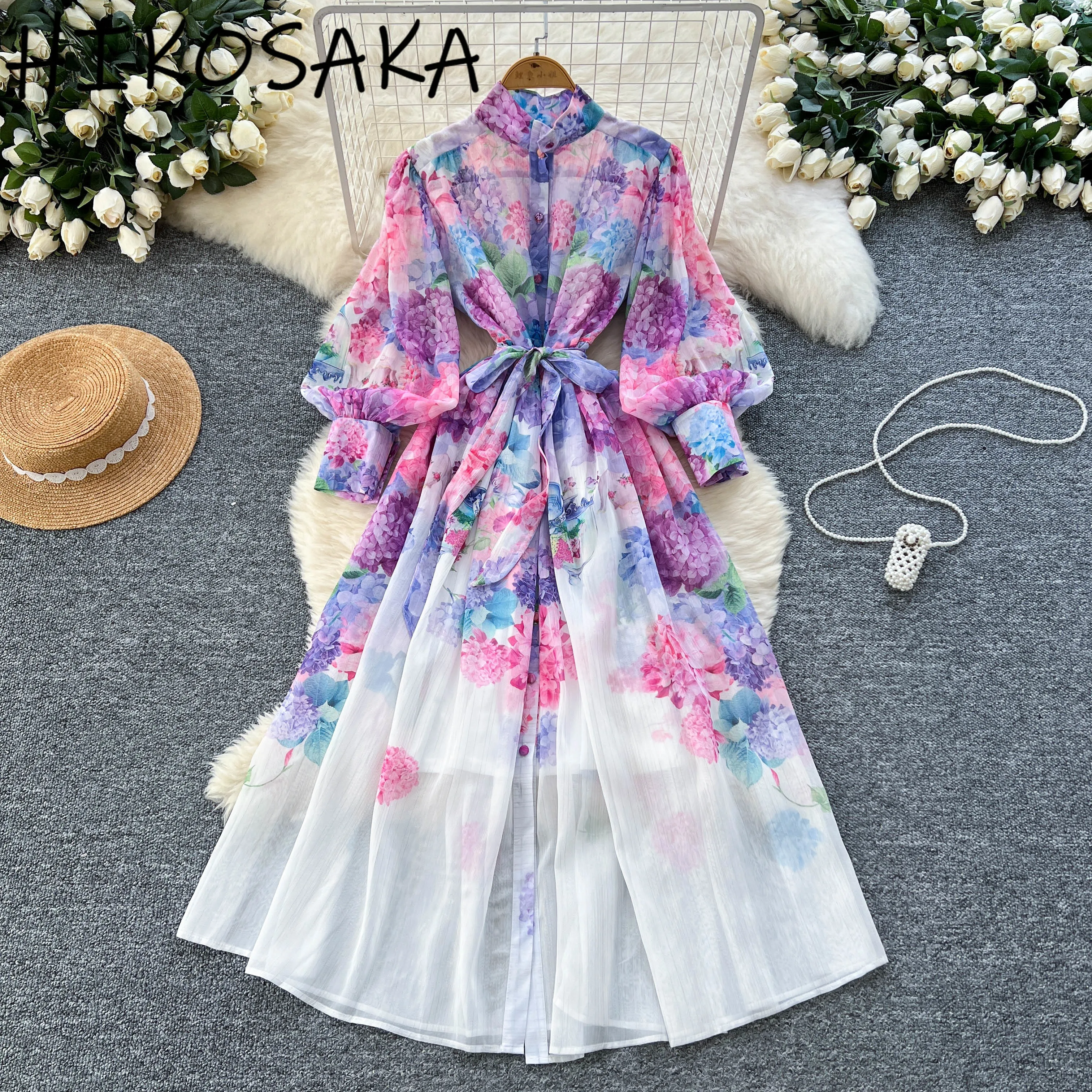 

Court Style Vintage Women Dresses 2025 New Fashion Stand Collar Single Breasted Slim Waist Robe Lantern Sleeve Print Vestidos