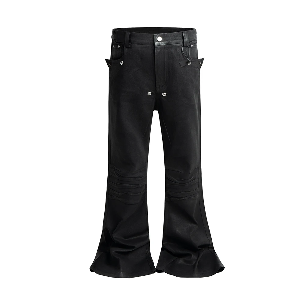 High Street Brush Wax Coated Elastic Flared Jeans for Men Straight Black Washed Vintage Baggy Denim Trousers Oversized Boot Cut