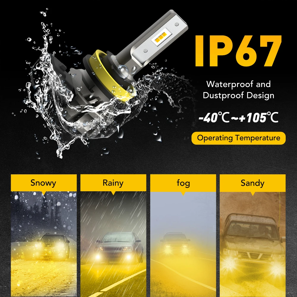 2Pcs AUXITO Fog LED H8 H9 H11 H10 H16JP 5202 880 H27W/1 White/Yellow Amber Canbus Fog Lights DRL 48W High Power 12V 2000LM CSP
