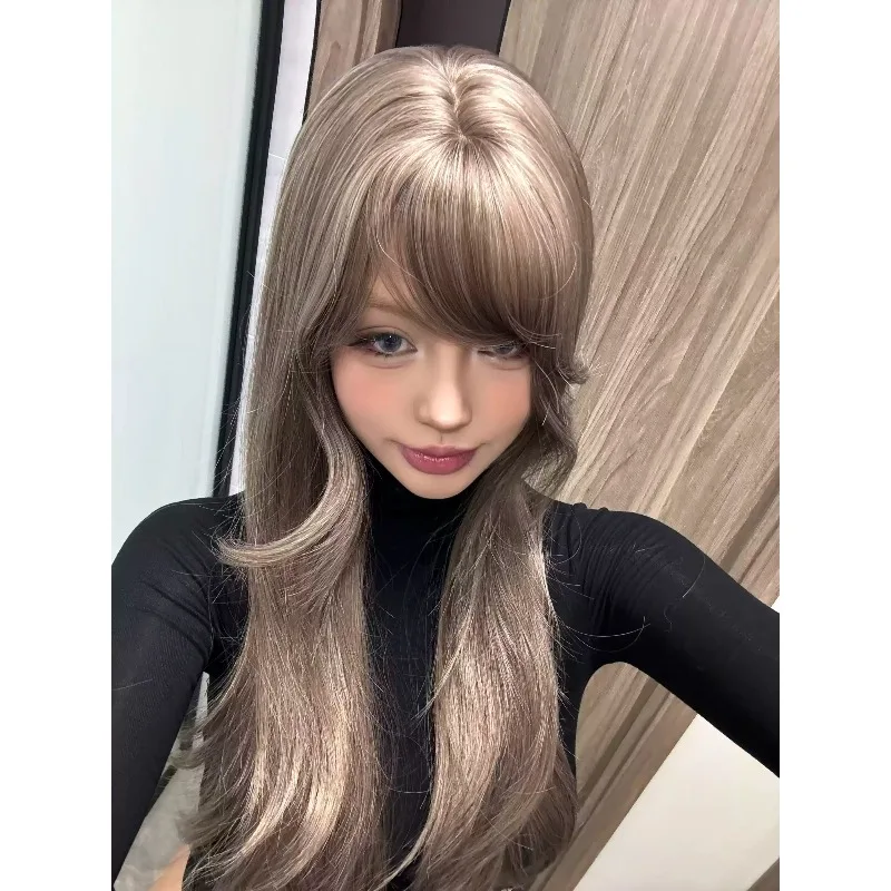 70cm High Layer Straight Synthetic Wig Ash Tea Color with Versatile Bangs Heat Resistant Hair Wig for Daily Party Occasions