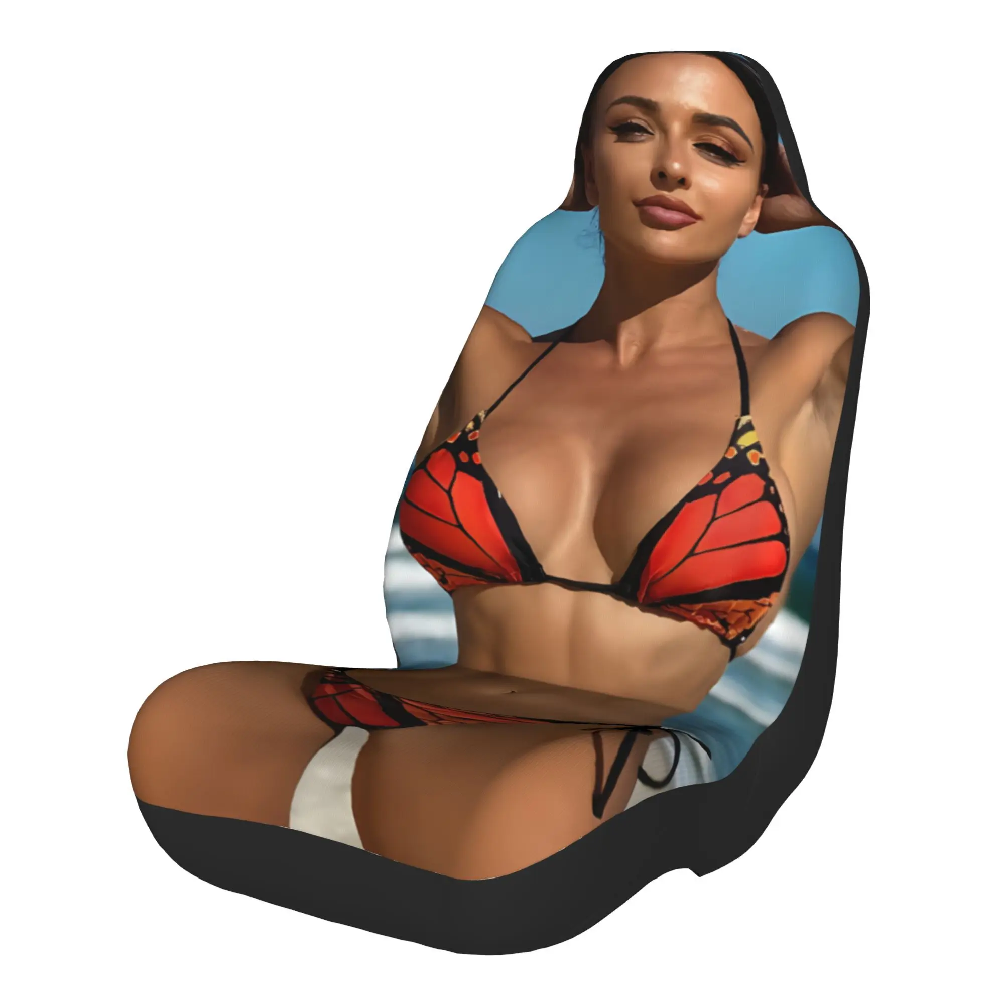 2pcs Vibrant Butterfly Bikini Against Ocean Waves: A Stunning Beachside Look Universal Car Seat Covers, Suitable For All Car Mod