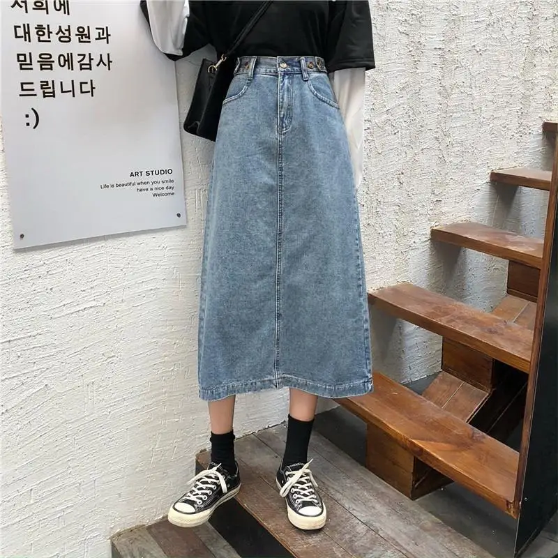 2024 Fashion Vintage Long Denim Skirts Woman Spring Summer High Waist Button Pockets Split Jeans Straight Maxi Denim Maxi Skirts