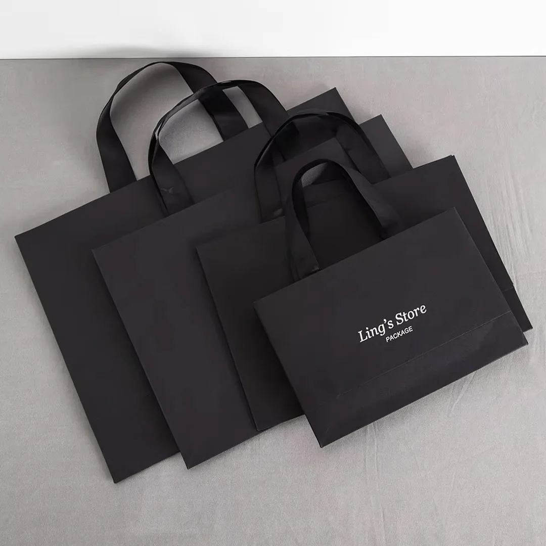 Custom Logo White Paper With Black Ribbon Shopping Tote Jewelry Bag Wedding Personalized Organizer Boutique Gift Storage