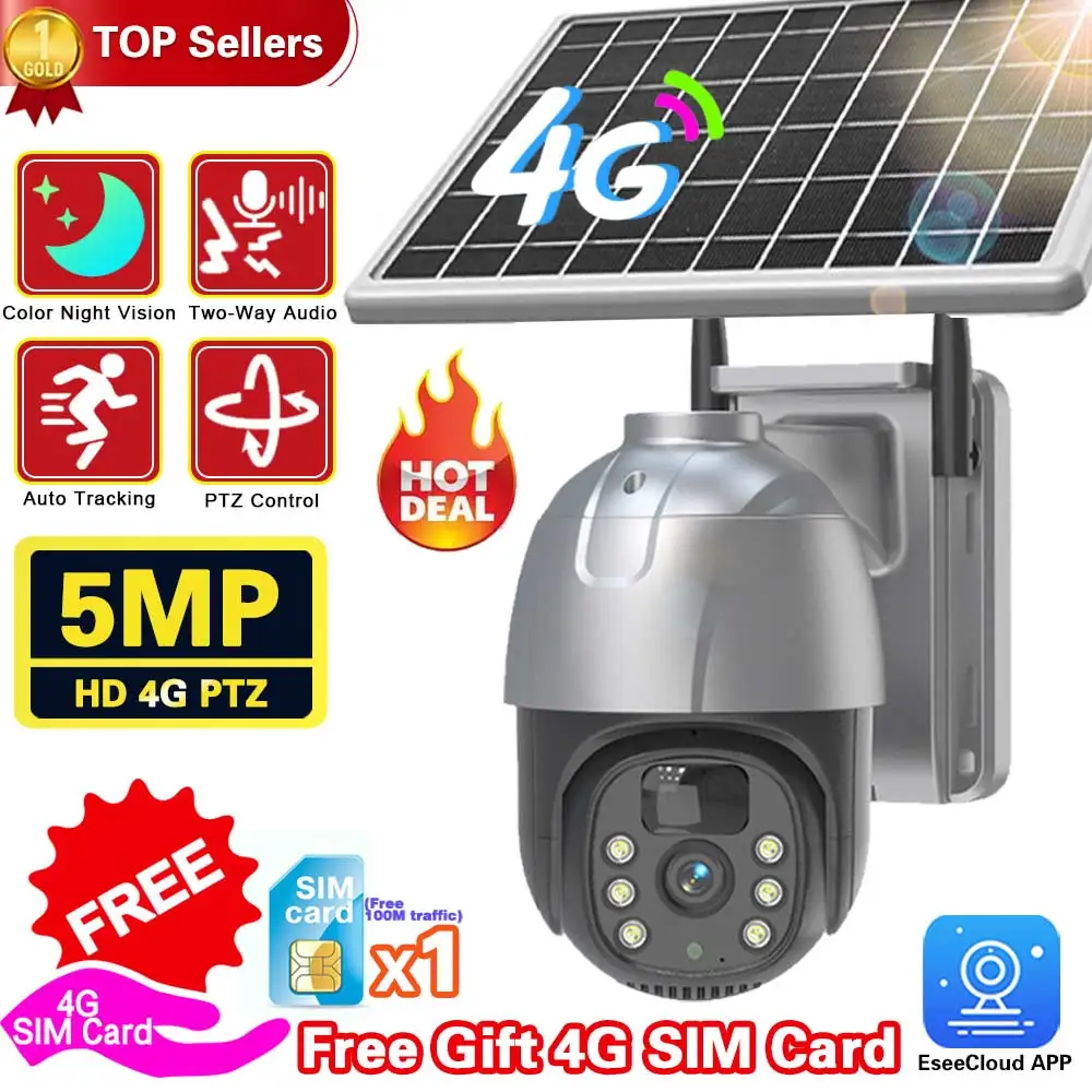 

5MP Solar Battery 4G Sim Card Wireless PTZ Security Camera Outdoor Auto tracking Wifi CCTV Surveillance Camera Home Smart life