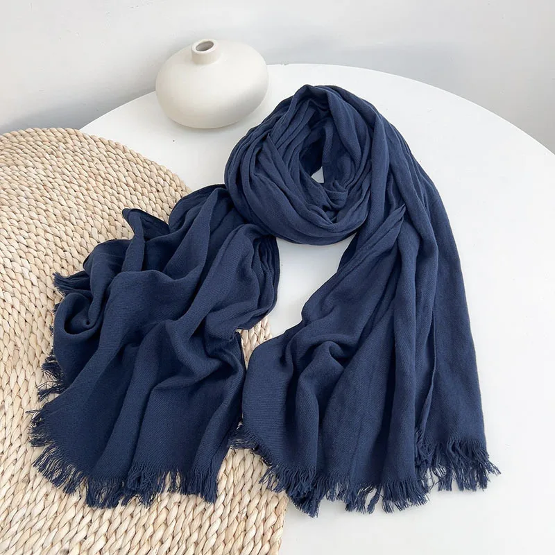 

Japanese autumn and winter versatile solid color navy blue pleated cotton scarf winter warm shawl scarf men's large-sized scarve