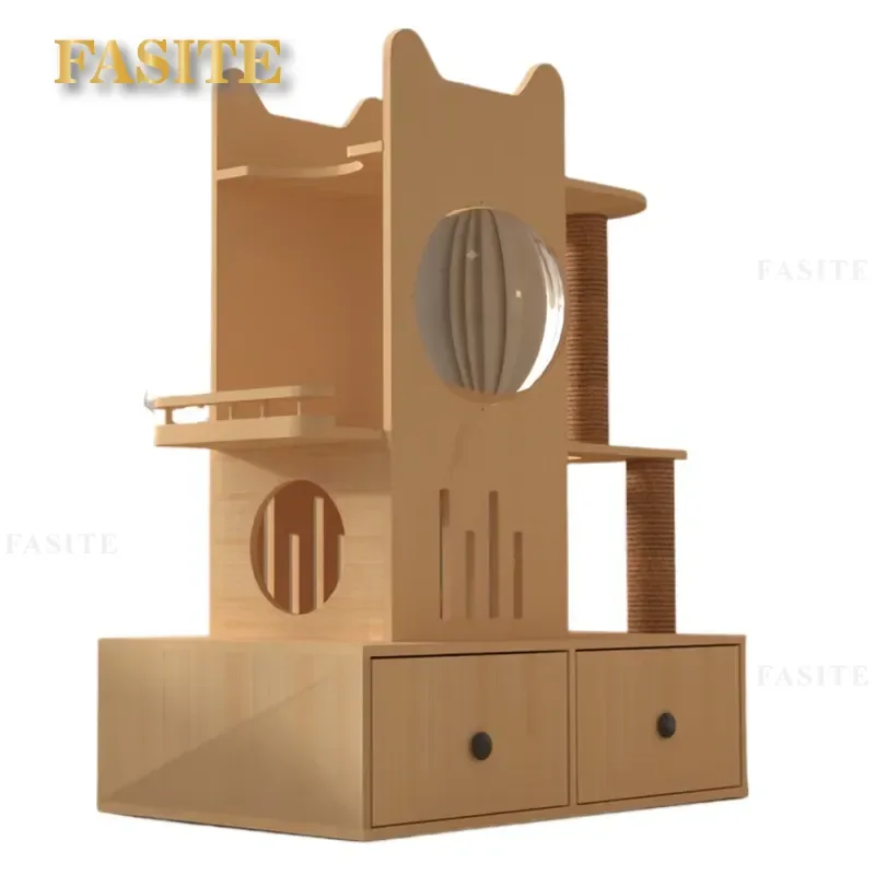 For Cat Large Solid Wood Climbing Frame Integrated Scratcher House Tower Apartment Furniture Pet Play Toy