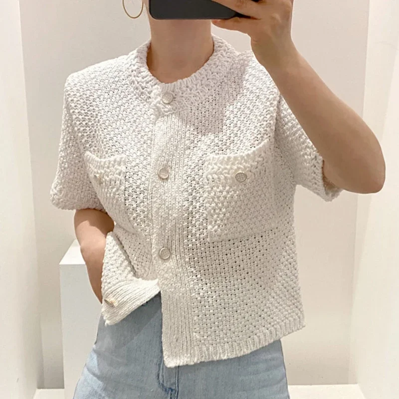 Nomikuma Korean Causal Women Knitwear Short Sleeve Single Breasted O-neck Knitted Coat 2023 New Fashion Cardigan Jacket 6B154