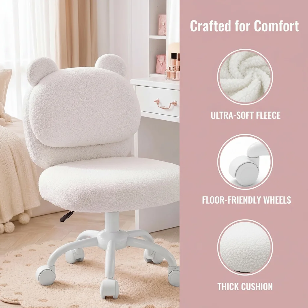 Vanity Chair, Cute Desk Chair, Home Office Chair with Wheels, White | Teddy Fleece Fabric, Bear Backrest, Thick Cushion, Armless Chair with Wheels, Adjustable Height, 10-Minute Assembly