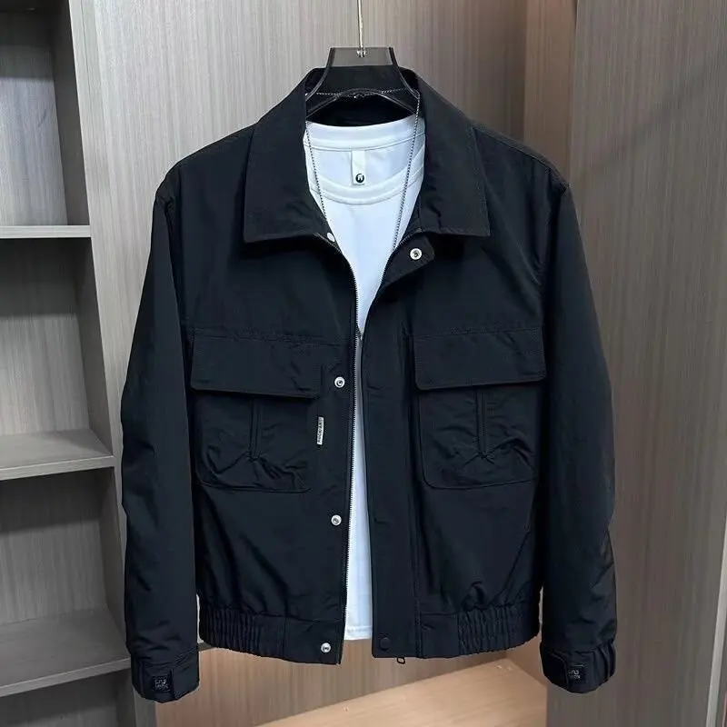 

Double ket Свободная посадка Повседневная одежда irt Jaet Long Sve Верхняя одежда с отложным воротником для мужчин Осень Зима Новый Sle Pure Color