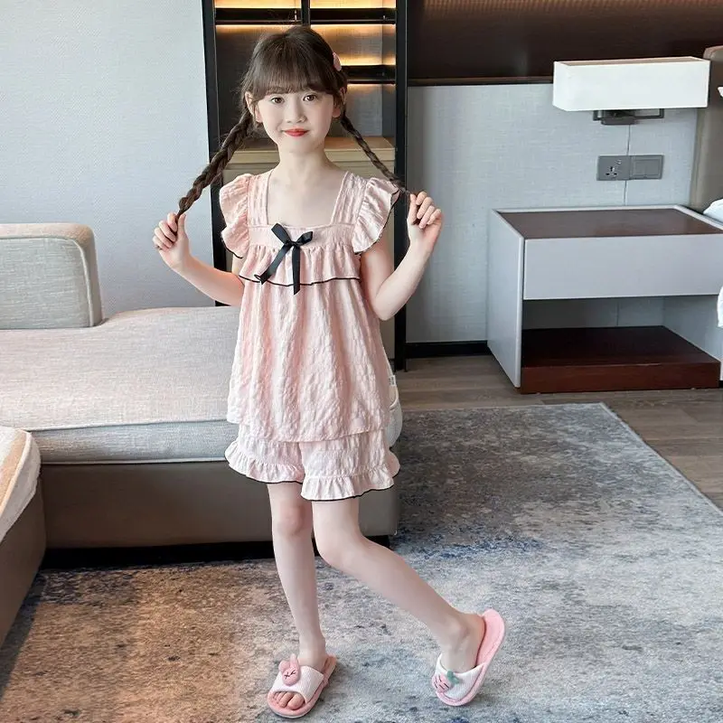 Conjunto de Pijama de Tirantes Rosa para Niñas Pequeñas, Estilo Princesa, con Volantes y Lazo Negro, Tela Ligera con Burbujas, Ropa de Verano para el Hogar, Kawaii