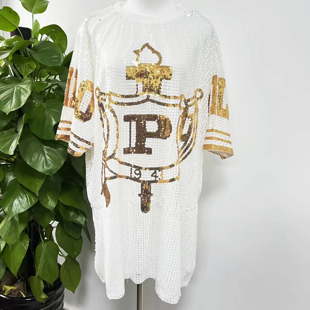 Gold & White Custom Logo Crew Neck Shield 1943 Sorority Sleeve Sequined Philo T-Shirt