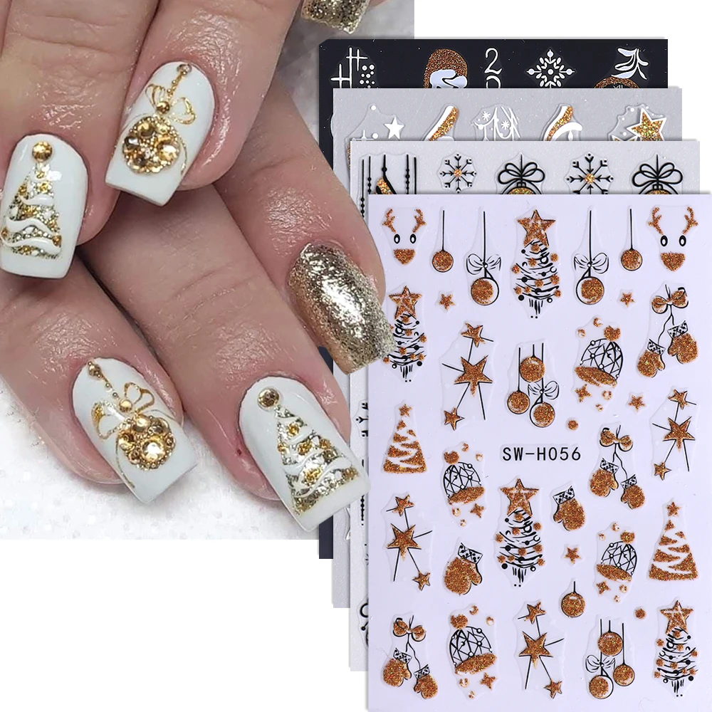 4 قطعة 2026 السنة الجديدة مسمار ملصقات ساعة العد التنازلي تصميم بريق لامع قفازات الشمبانيا مسمار المنزلق الشارات لعيد الميلاد مانيكير