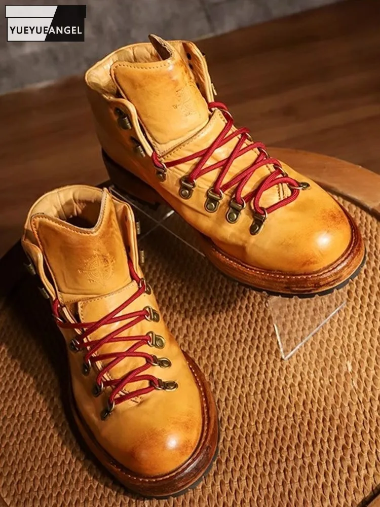 

Vintage Round Toe Men High Top Work Safety Shoes Lace Up Horsehide Genuine Leather Ankle Boots Handmade Outside Motorcycle Boots
