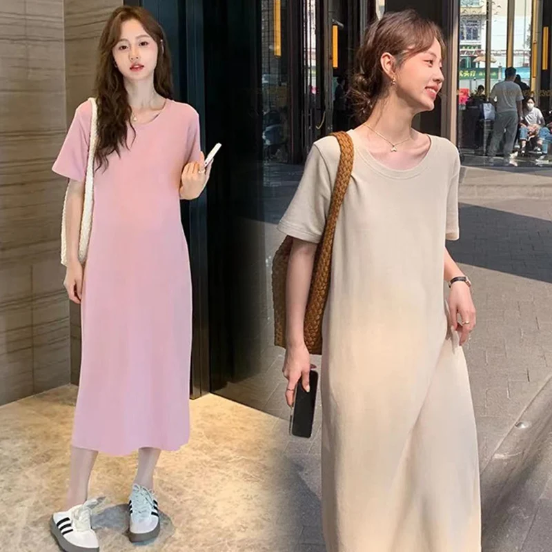 

2024 Summer Plus Size Maternity Dress Solid Color Stretched Pregnant Woman Long Loose Casual Dress Short Sleeve Pregnancy Dress