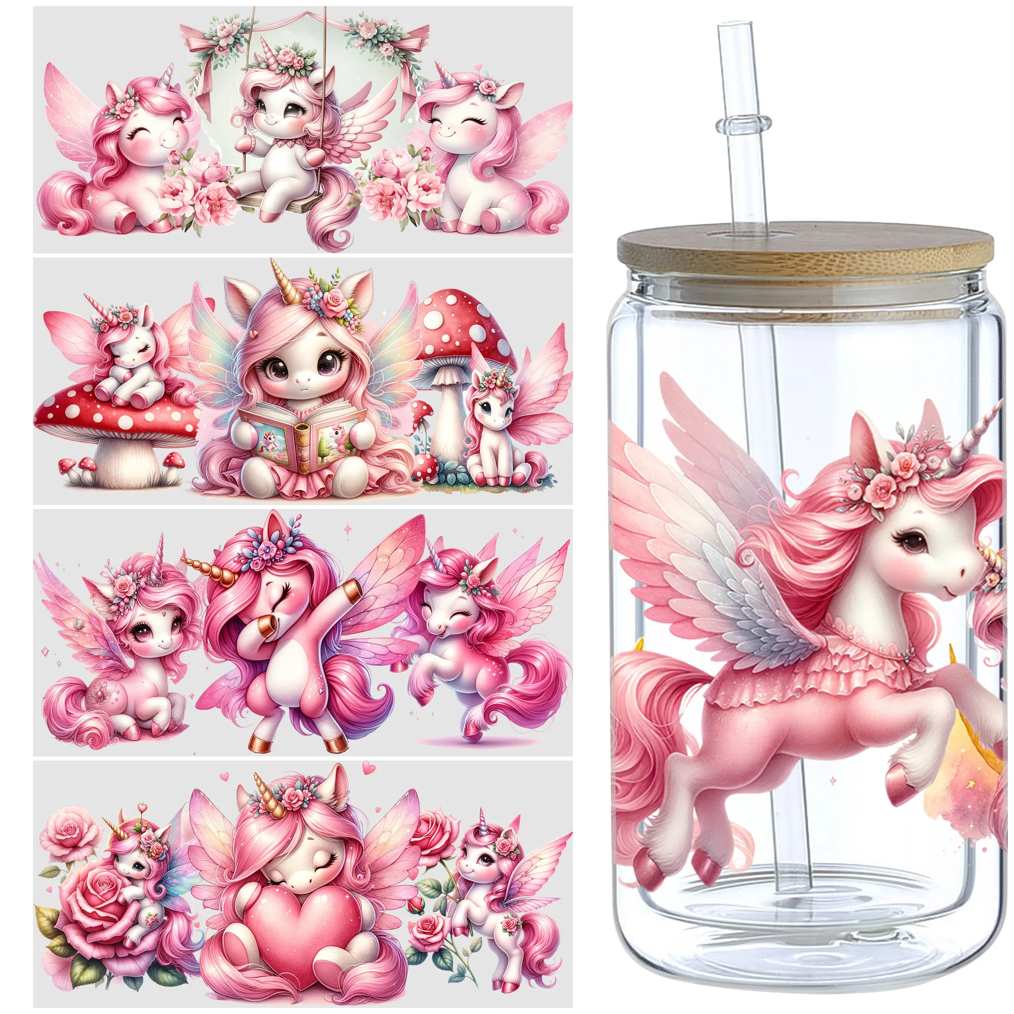5 Sheets Unicorn UV DTF Cup Stickers 16 oz, DTF Friction Transfer Stickers, Waterproof Cute Unicorn Stickers for DIY