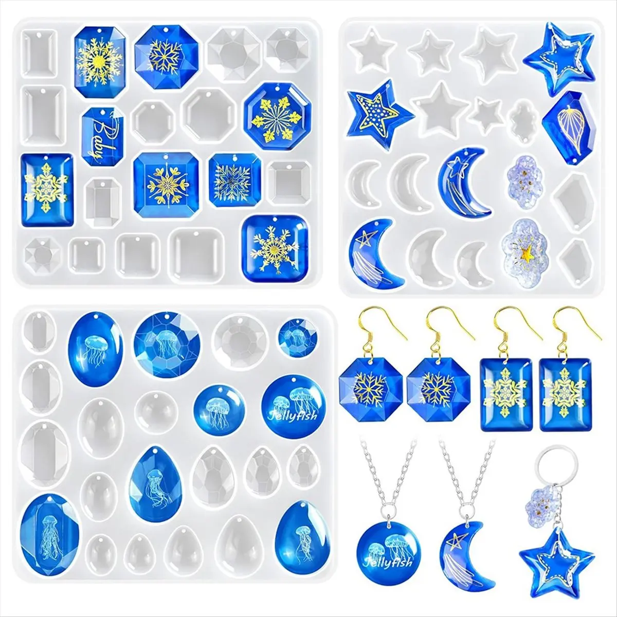 【BAAQ】 3 Pack Resin Earring Mold with Holes, Variety Shaped & Sizes Geometric Gem Cabochon Crescent Moon Star Clouds Pendant