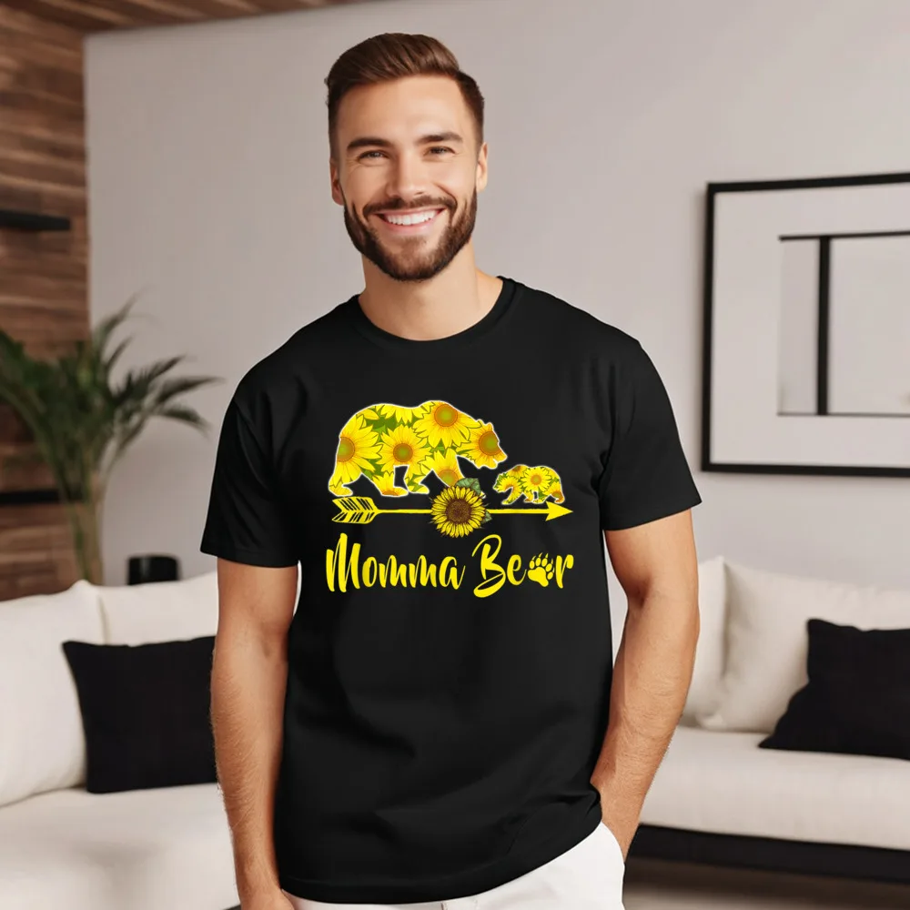 Graphic Mens Tees Momma Bear Sunflower T-Shirt Funny Casual T-shirts All Cotton Short Sleeve Funny Tee Shirts O-Neck