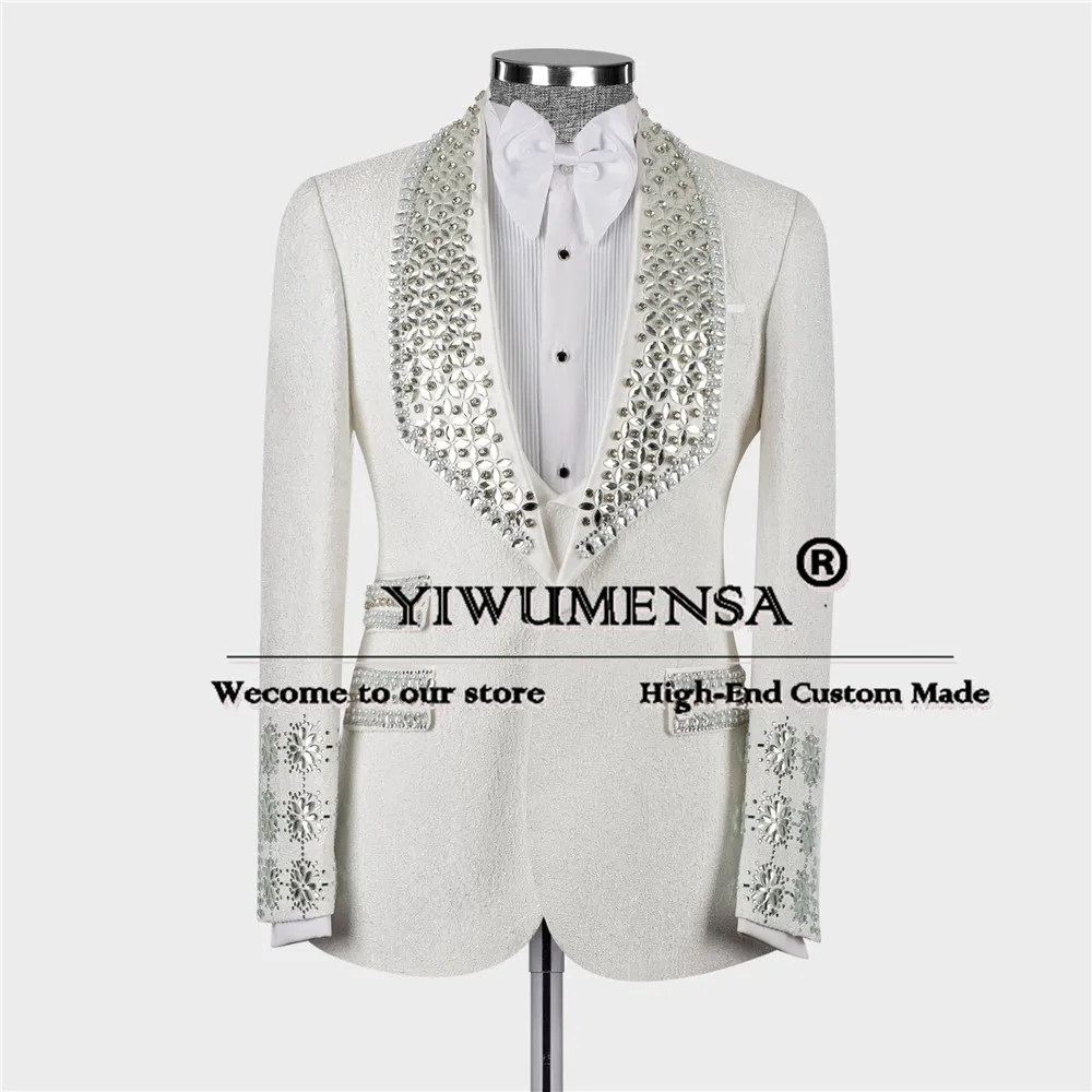 

Мужские костюмы ручной работы с бриллиантами и бисером на свадьбу, куртка с шалью и лацканами, жилет и брюки, смокинг для жениха из 3 предметов, Terno Masculinos 2026