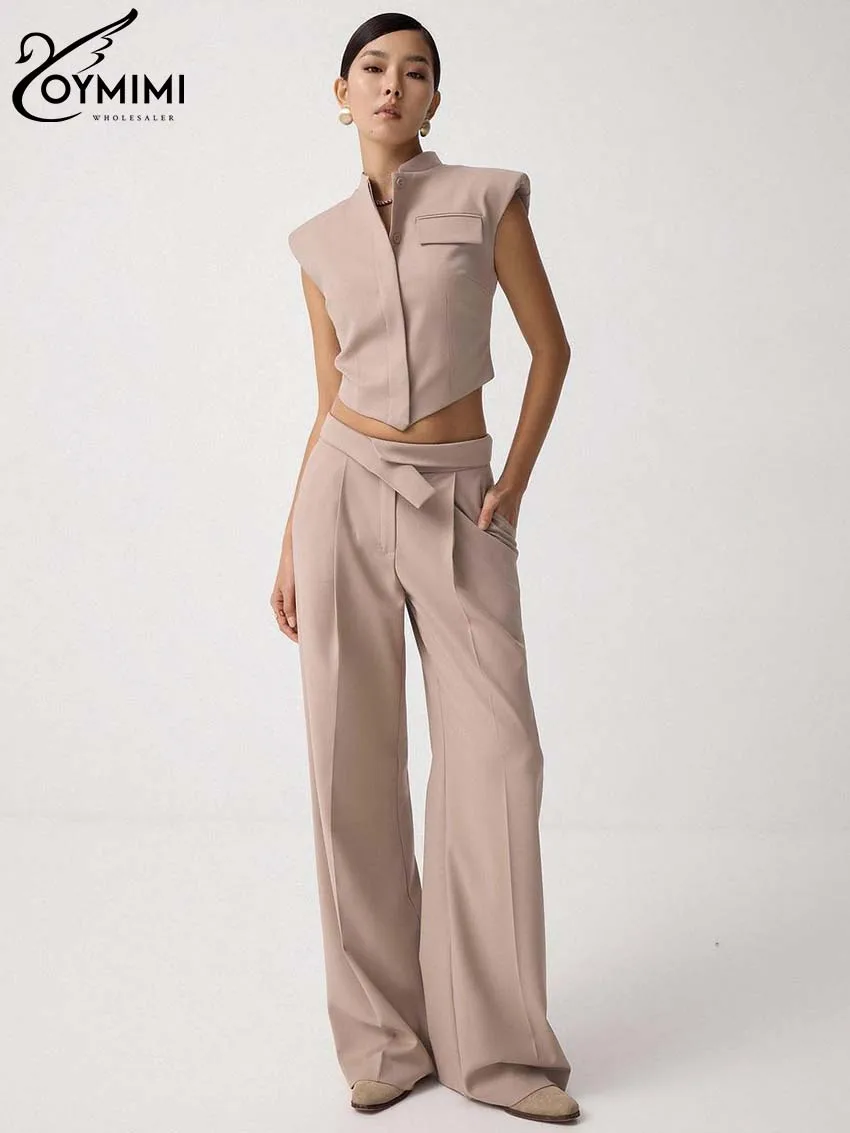 

Oymimi Casual Khaki Sets For Women 2 Pieces Summer Stand Collar Sleeveless Tank Tops And Simple Straight Trousers Set Streetwear