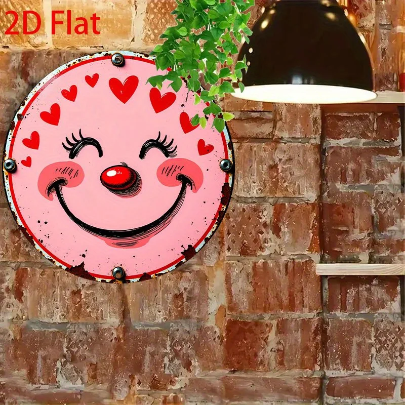 2D Flat, 2D Flat - 1pc Vintage Round Aluminum Tin Sign -  Happy Face & Red Nose Design, 20.32x20.32cm Rustic Style Metal Wall Ar