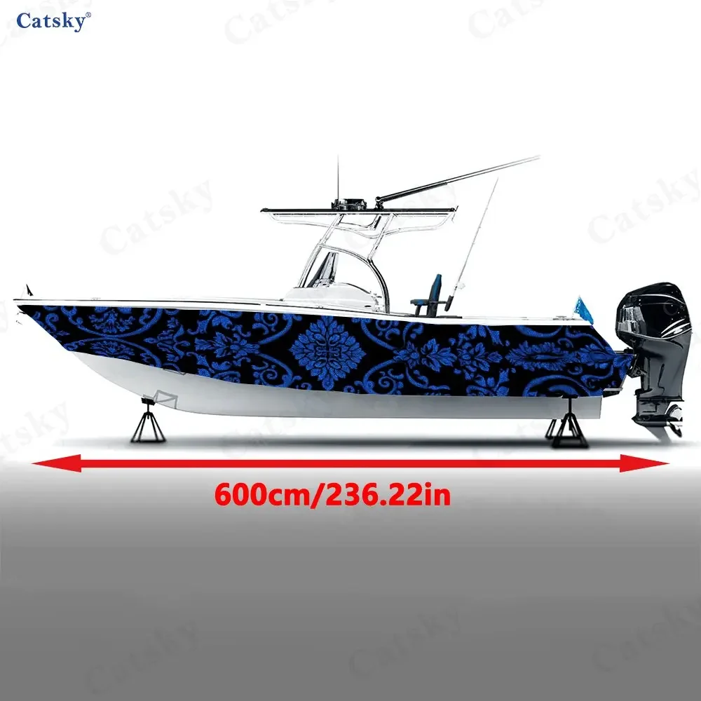 2Pcs Vintage Blue Brocade Pattern Boat Stickers, PVC Waterproof Vinyl Wrap Decals for Fishing Boats, Durable and Stylish Design