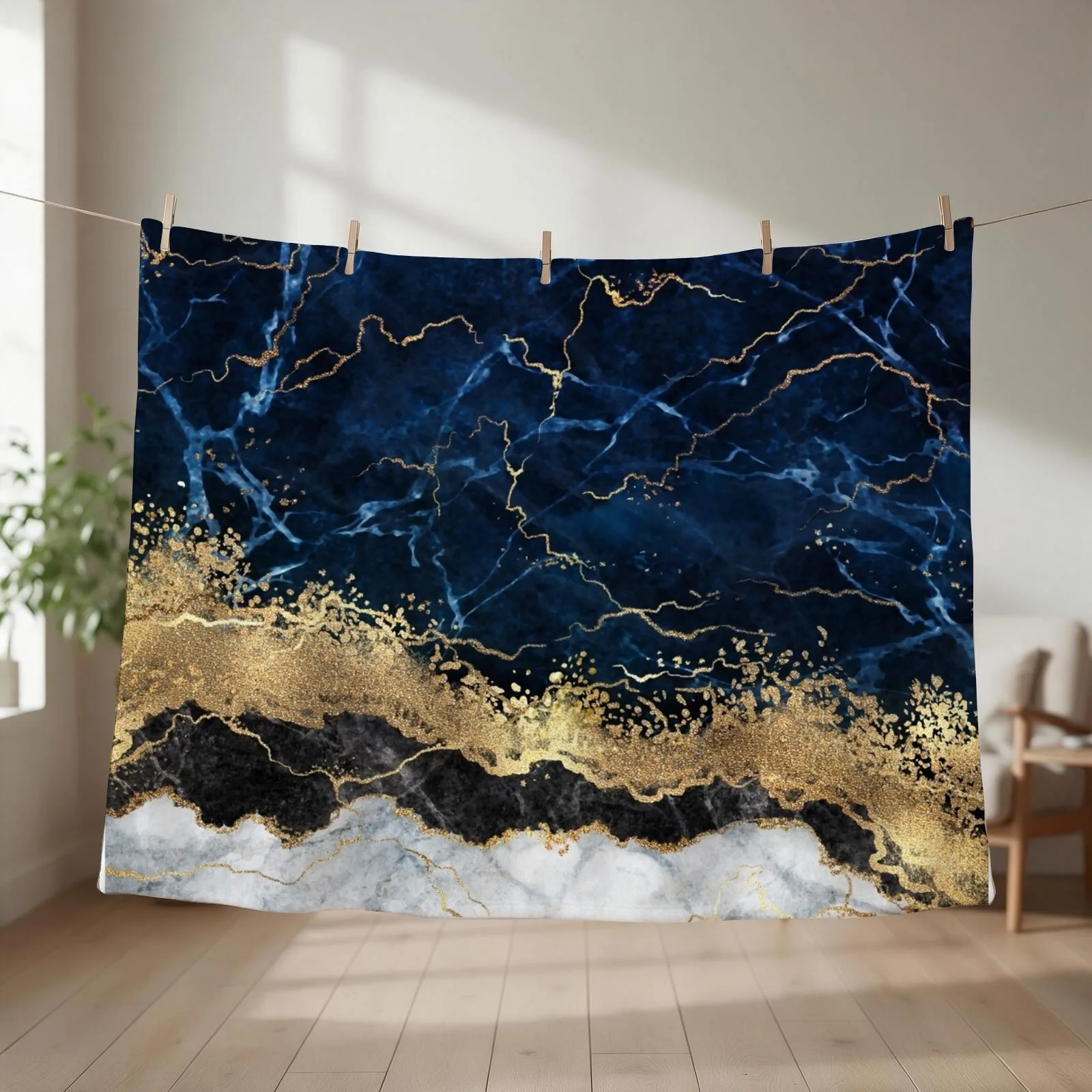 Abstract Blue, Black and Gold Throw Blanket Nap Shaggy Comforter Quilt Blankets