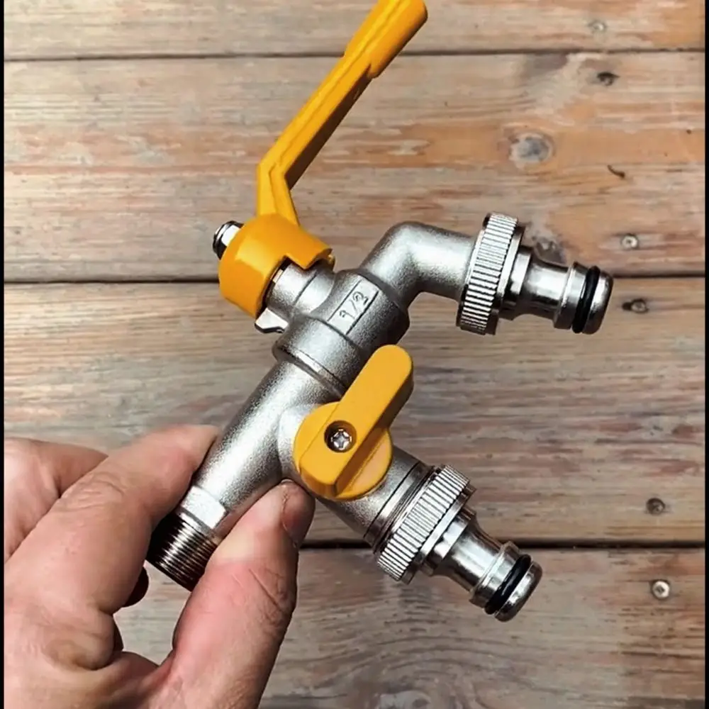 

2-Way Garden Hose Faucet Adapter Ball Valve Anti Freezing Irrigation Brass Tap Joint Wall Mounted Heat-resistant