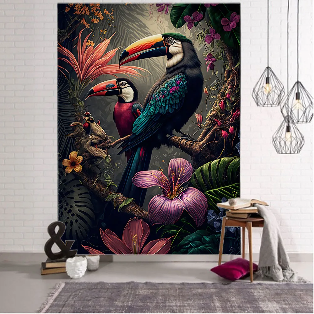 Flower, Bird, Plant Tapestry, Animal Wall Hanging Cloth, Hippie Kawaii Room Decoration Aesthetics, Bohemian Wall Decoration