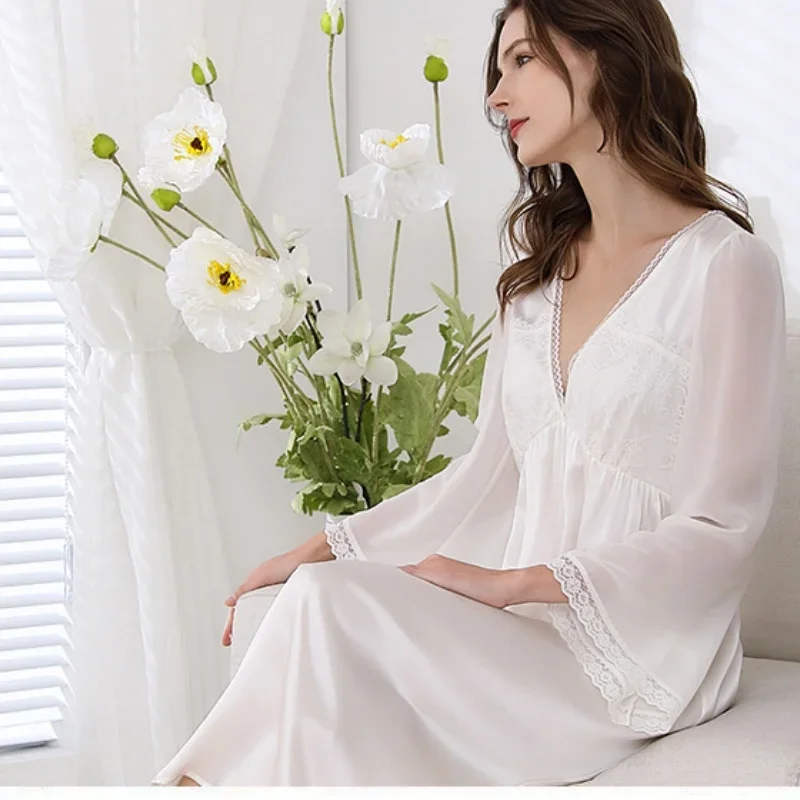 

Mulberry Silk Deep V Neck Nightdress See-through sleeves Satin Lingerie Summer Nightgown Lady Nighty Dress Nightgown Sleepwear