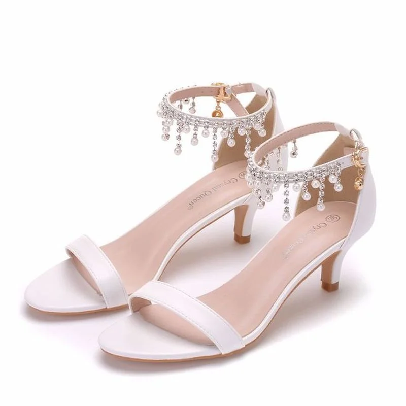 Comemore Summer Ladies Wedding Bride Shoes Sandals Women\'s Stiletto White Heels Female Sandal for Women Pearl Medium Heel 5cm 44