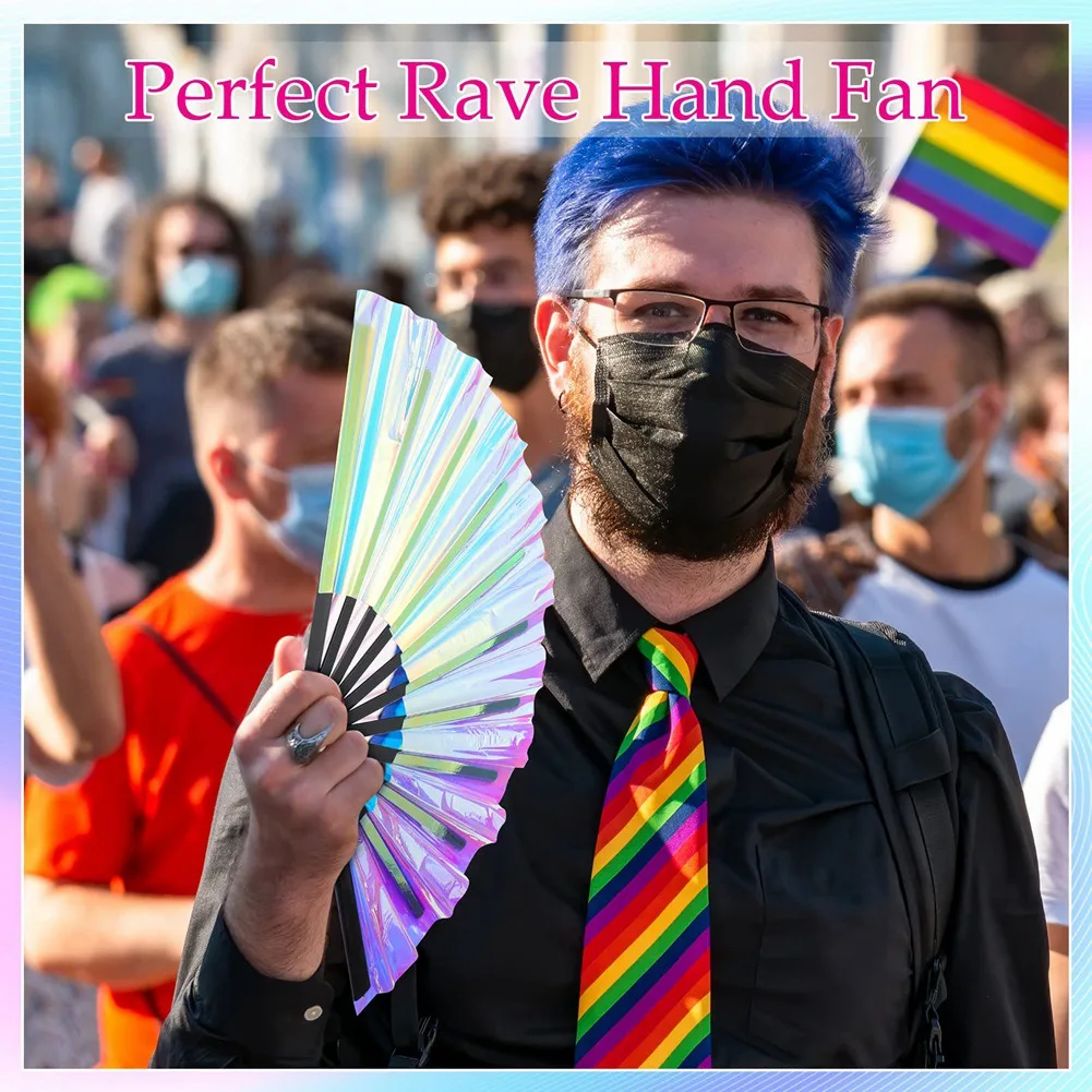 

Y50A-6 Pcs Holographic Raves Fan Folding Hand Fan Decorative Folding Fans Folding Fan For Women Men Halloween Pride Outfits A Du