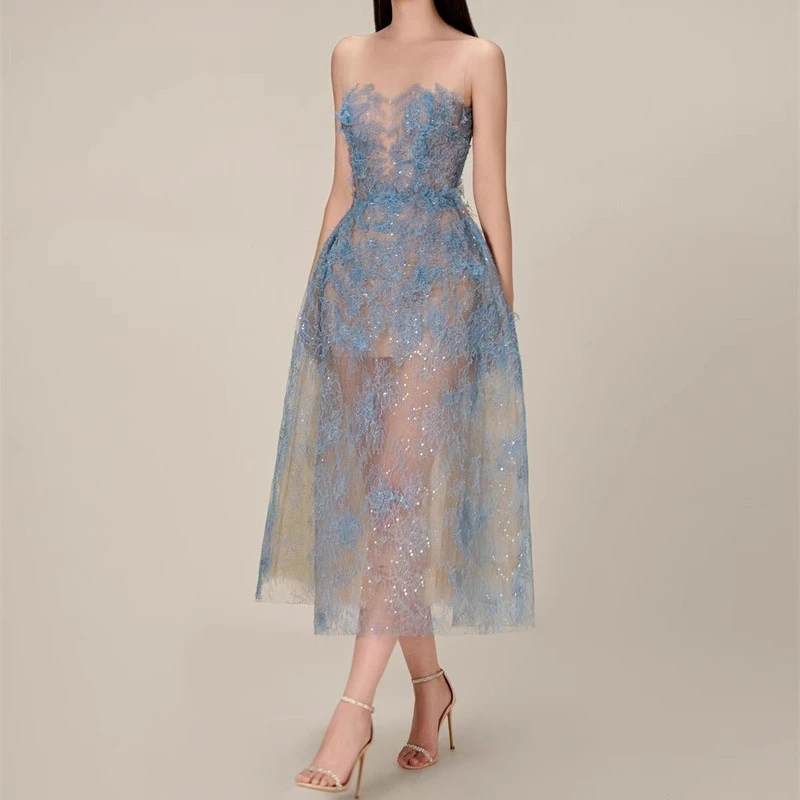 Blue Lace Dress Women Vintage Slash Neck Elegance Evening Dresses Female Bing Flower Mesh Vestido Party Luxury Design