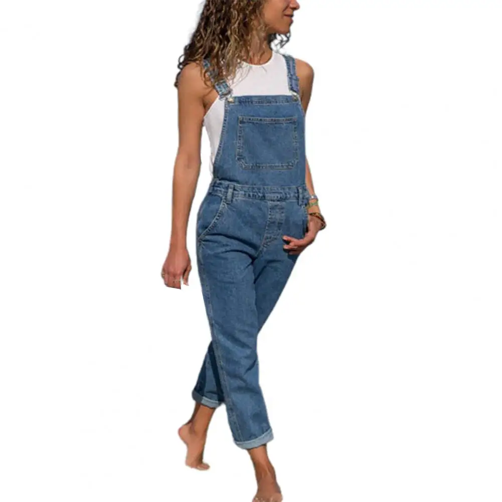 

Retro Distressed Denim Jumpsuit Stylish Plus Size Denim Jumpsuit with Adjustable Straps Side Pockets Women's Loose Fit for A