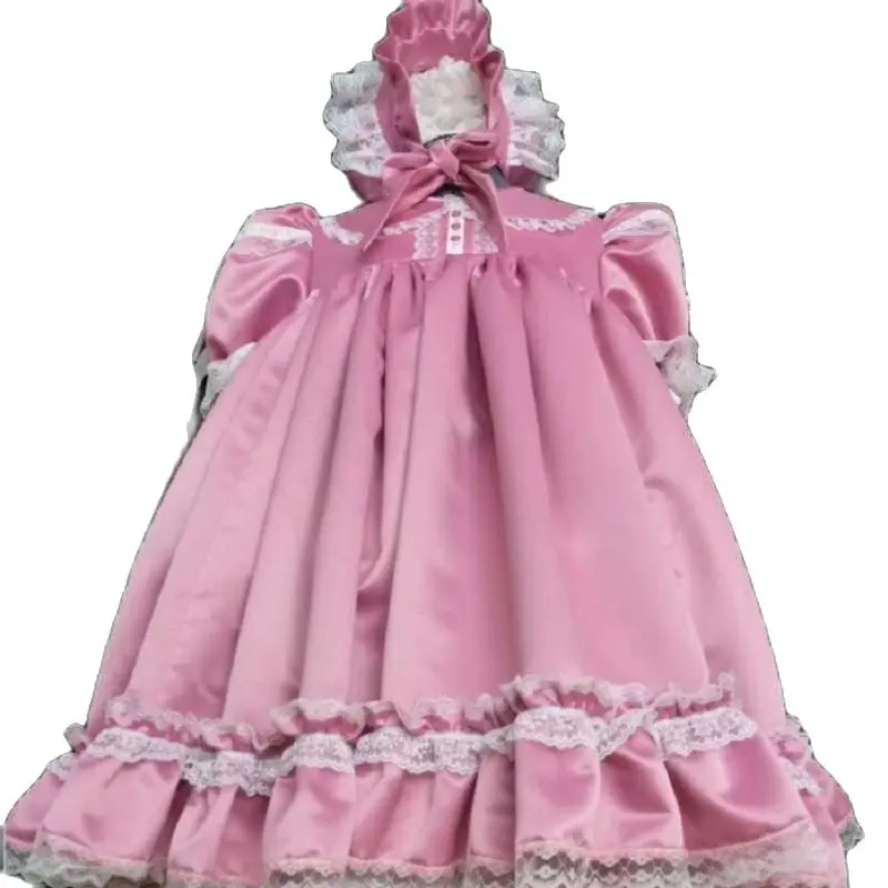 Hot Sale Rose Satin Adult Baby Dress French Sissy Dust-Proof Pink Flowers And Hats Maid Lovely Girl Doll Dress