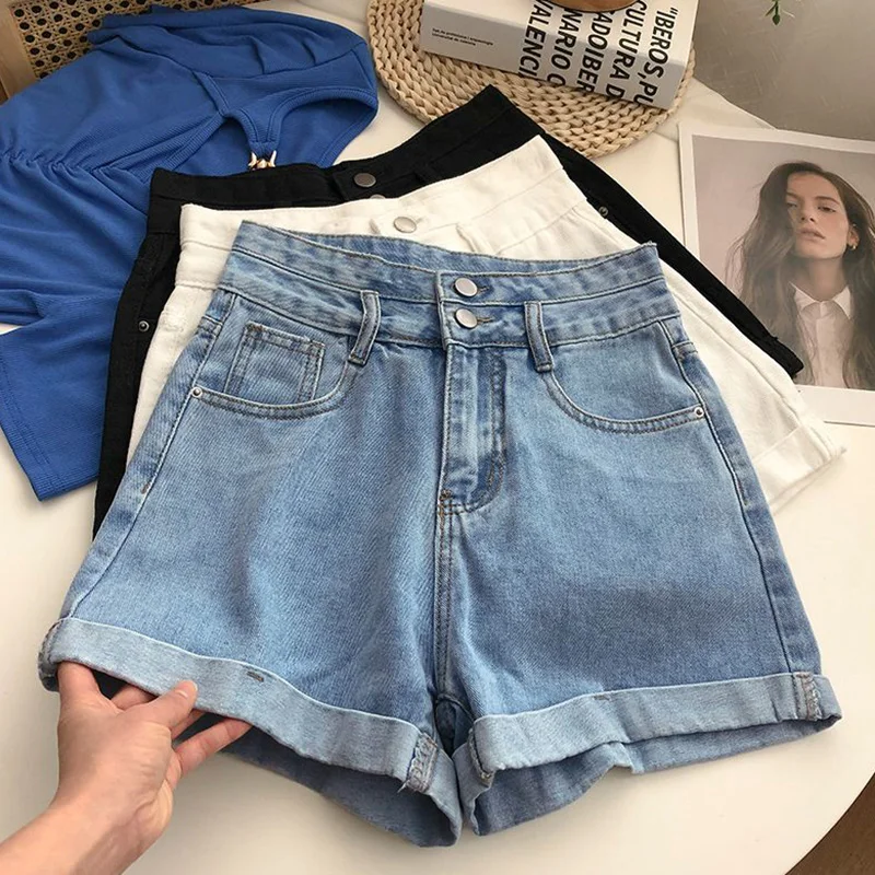 Summer Hot Sale Female Double Button Jeans Lady High Waist Thin Short Pants Girls Classic Korean Fashion Denim Shorts