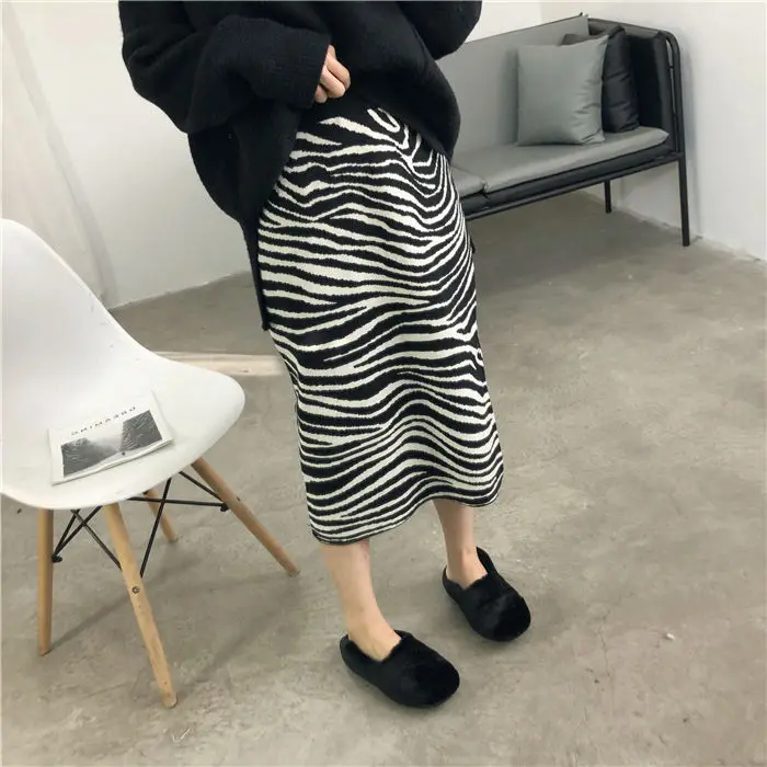 Korean Style Women High-waisted Zebra Pattern Double-layer Slit Hip-covering Knitted Skirt for Women Autumn and Winter Straight