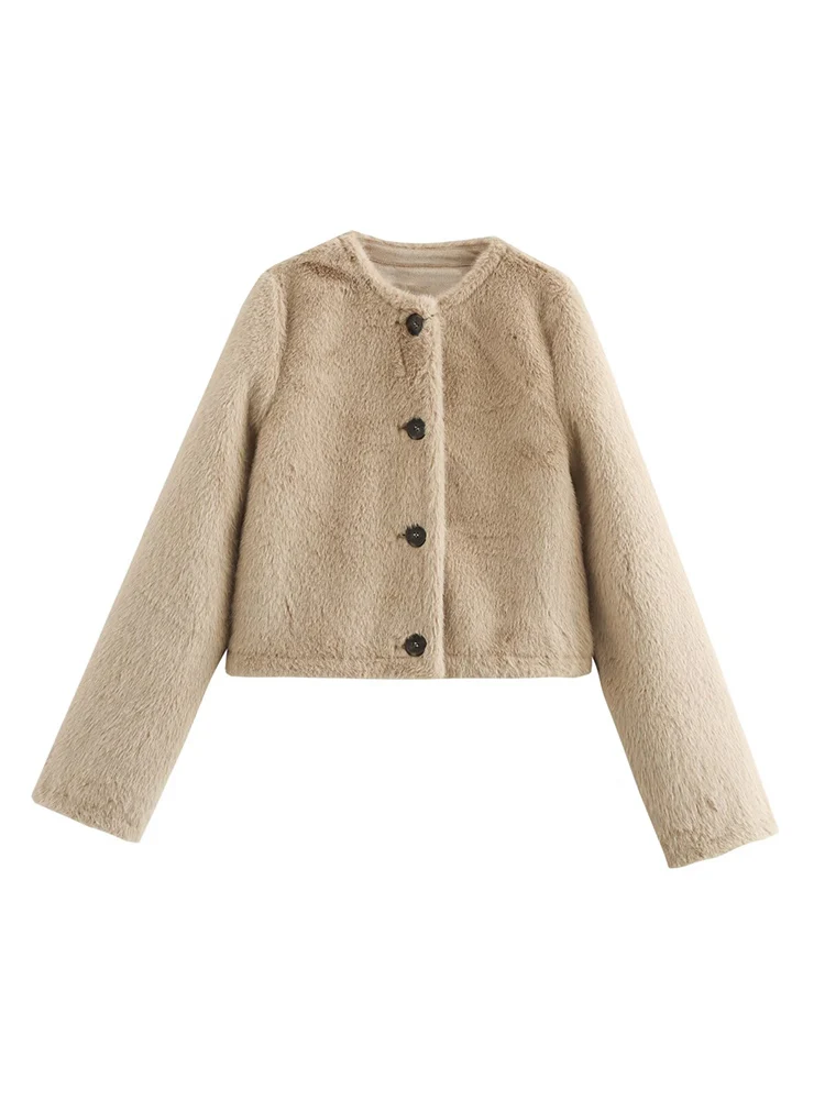 

Новое женское модное и универсальное однотонное повседневное пальто свободного кроя с длинными рукавами и эффектом искусственного меха в европейском стиле.