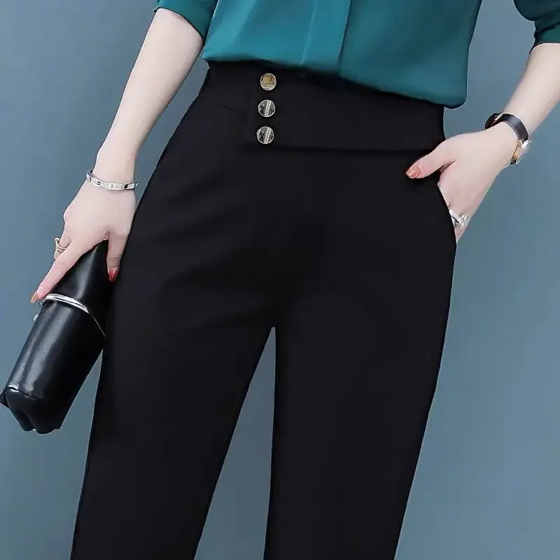 

Spring and Autumn Women's Solid Color Elastic Waist Button Pocket Harun Loose Fit High Waist Straight Sleeve Fashion Pants L57