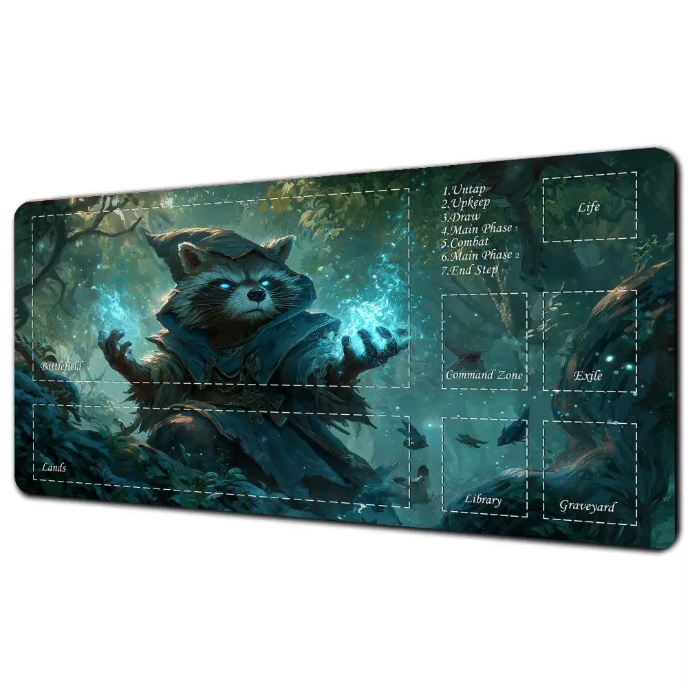 Magic Card Playmat with zone Fantasy Forest magic raccoon TCG playmat gathering gaming mats Desk Mat Commander Battle playmat