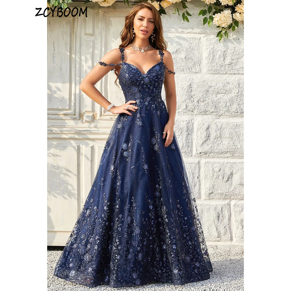 Customized Navy Blue V-Neck Flowers Spaghetti Straps  Appliques Evening Dresses 2024 A-Line Floor Length Sleeveless Prom Dress