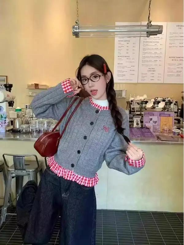 

Spring Faion Plaid Knitted Open Cardigan Women's Loose Sweater Jaet Embroidered Knot Fake Two-Piece Sle Korea...